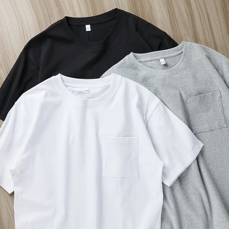 Mens Womens Cotton Pocket Short Sleeve Fashion Soft White Black Loose Fit Tee Shirt Tops High Qualtity Breathable Leisure Tops