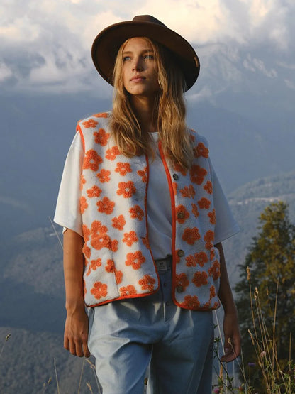 Bornladies Womens Autumn Winter New Fleece Open Front Printed Vest Warm Stylish Loose Chic Sleeveless Jacket