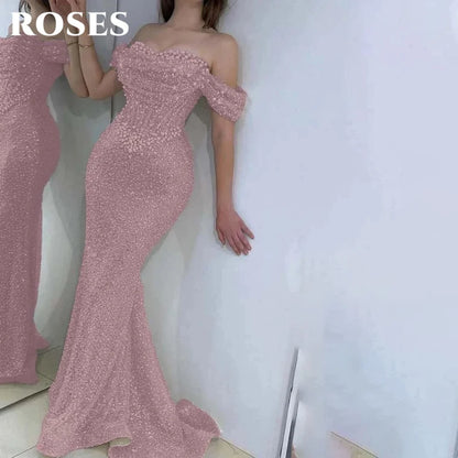 Prom Dress Off Shoulder - Custom Mermaid Trumpet Gown With Pearls & Sequins