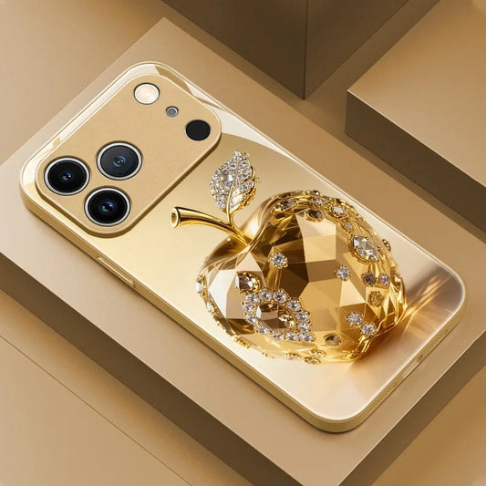 Luxury Jewel For Apple Pattern Gold Metallic Paint Glass Phone Case For iPhone 17 16 15 14 13 12 11 Pro Max Plus 17Air 16E Cover