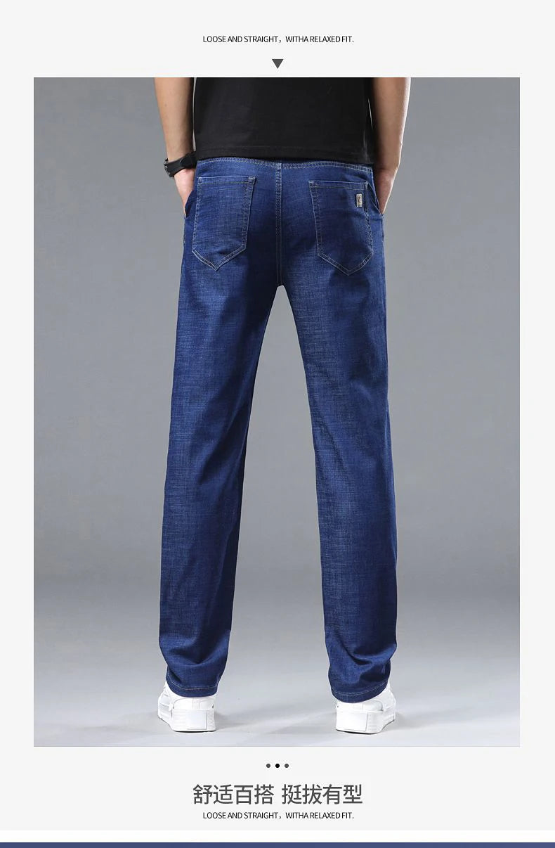 Light blue classic business jeans, fashionable breathable denim elastic pants, black blue men's straight leg jeans, sizes 28-40