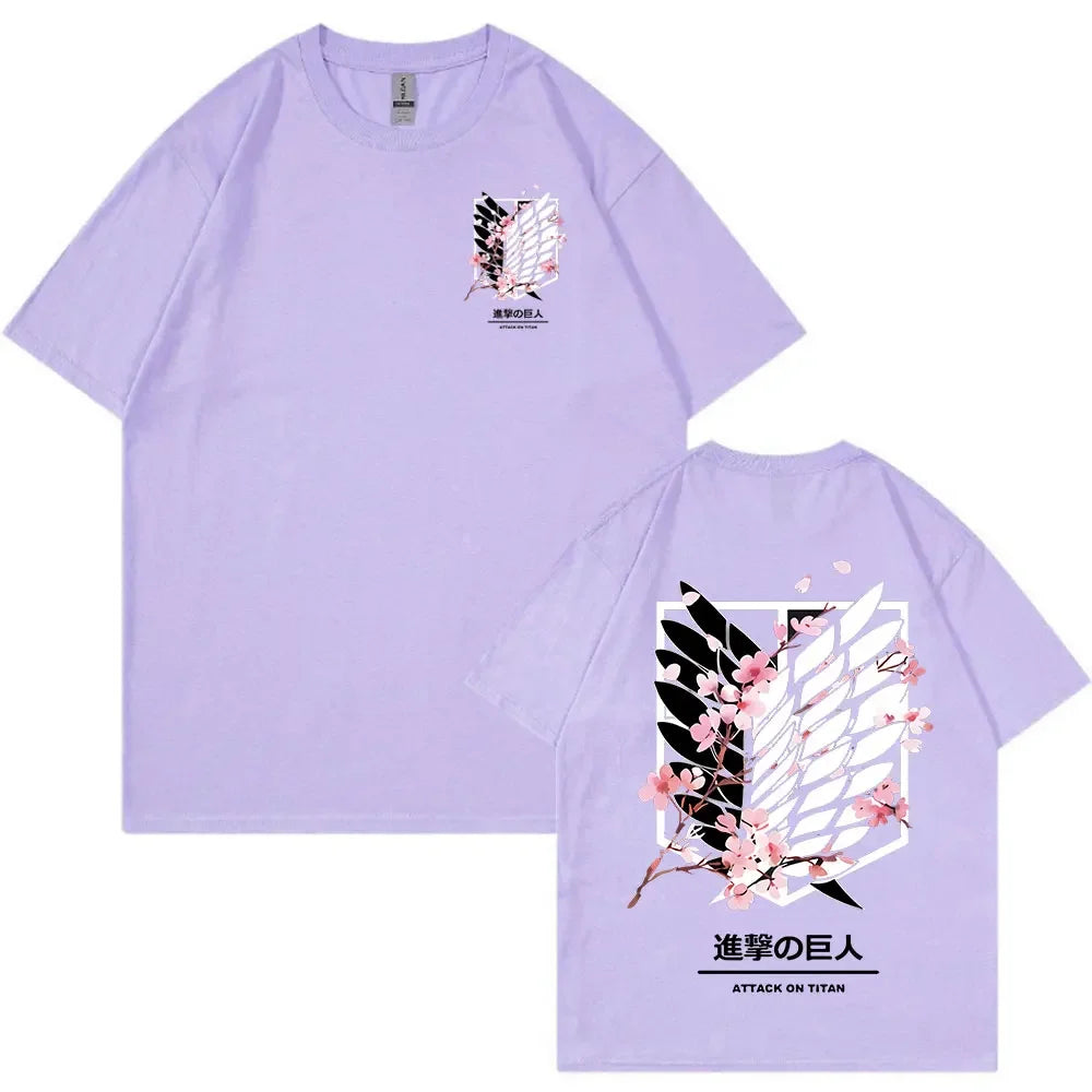 Anime Attack on Titan T-Shirt Ackerman Mikasa Eren Jaeger Cherry Blossom Graphics Logo T Shirt Clothes Men's Cotton T Shirts