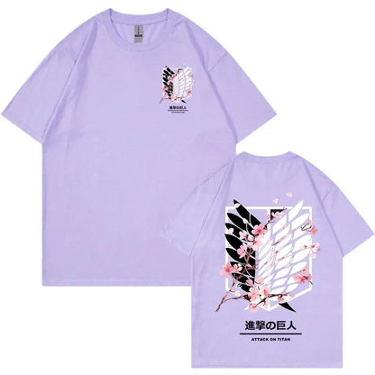 Anime Attack on Titan T-Shirt Ackerman Mikasa Eren Jaeger Cherry Blossom Graphics Logo T Shirt Clothes Men's Cotton T Shirts