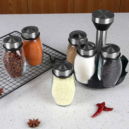 Rotating Spice Jar Set - Glass Seasoning Organizer with Rack for Kitchen Storage