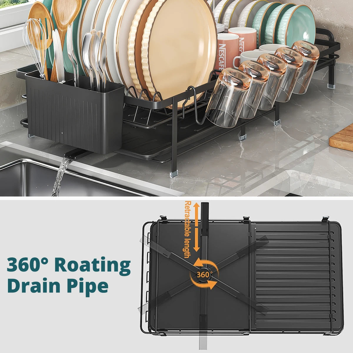 Expandable Dish Rack - Adjustable Kitchen Countertop Organizer with Utensil & Cup Holders