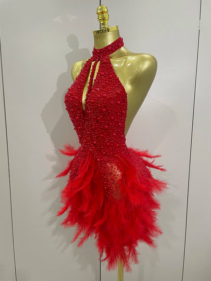 Backless Halter Dress - Women's Party Mini Sheath With Rhinestone & Feather Details