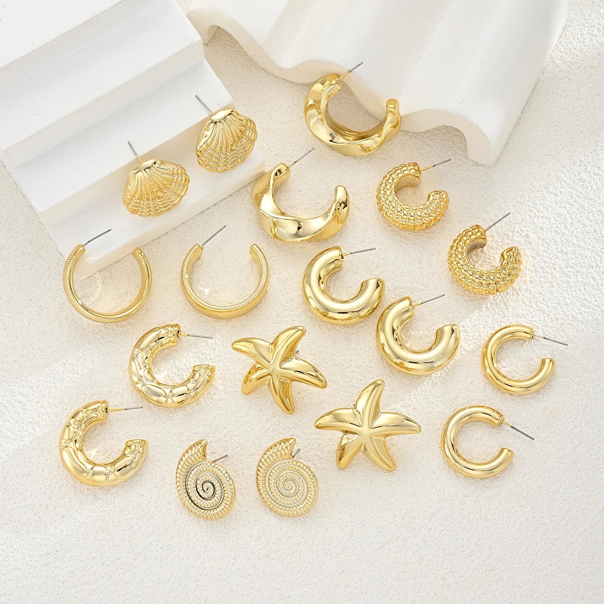18-Piece Ocean Earring Set – Gold Starfish, Shell & Conch Hoops