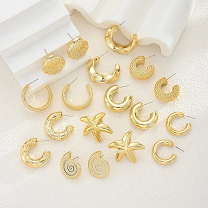 18-Piece Ocean Earring Set – Gold Starfish, Shell & Conch Hoops