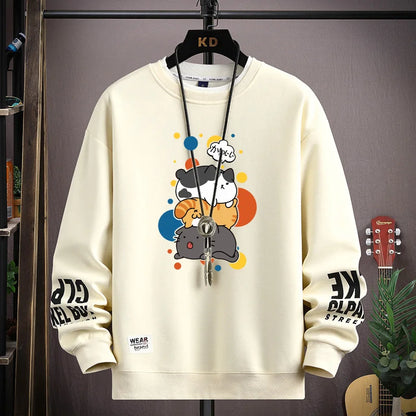 Spring Men's Sweatshirt Japan Cartoon Cats Printed Long Sleeve T-shirt Fashion Men's Clothing Khaki O Neck Harajuku Top 2024 New