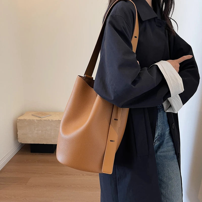 Leather Shoulder Bag - Small Solid Color Korean Fashion Baguette Style Purse