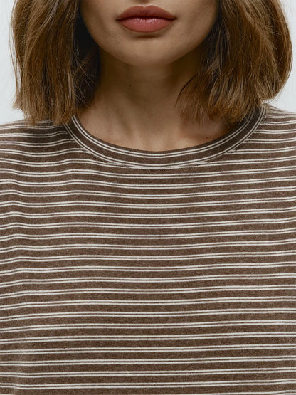 Bornladies Autumn New Fashion Women Cotton Striped Long Sleeve T Shirt Office Casual Simple Round Neck Pullover Tops & Tees