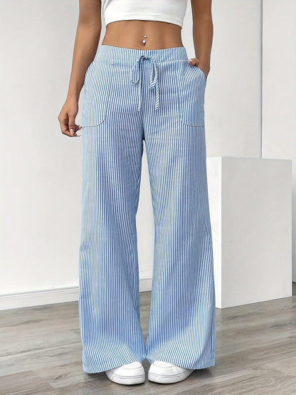 Women's Vertical Striped Wide Leg Pants High Waist Drawstring Loose Casual Trousers Autumn Elastic Waist Trousers with Pockets