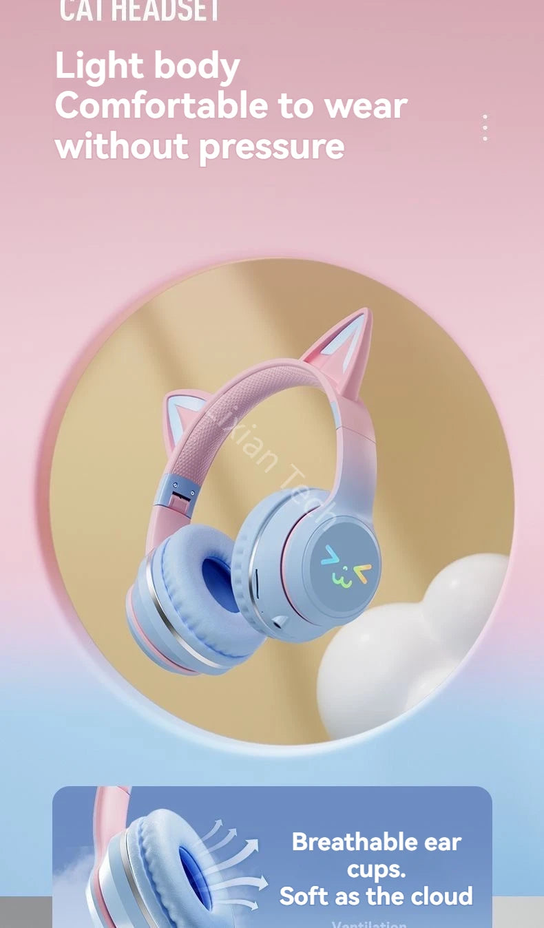 RGB Luminous Cat Ears Wireless Bluetooth Headphones With Microphone Headset Gamer Girl Call Noise Reduction Hifi Sale Handfree