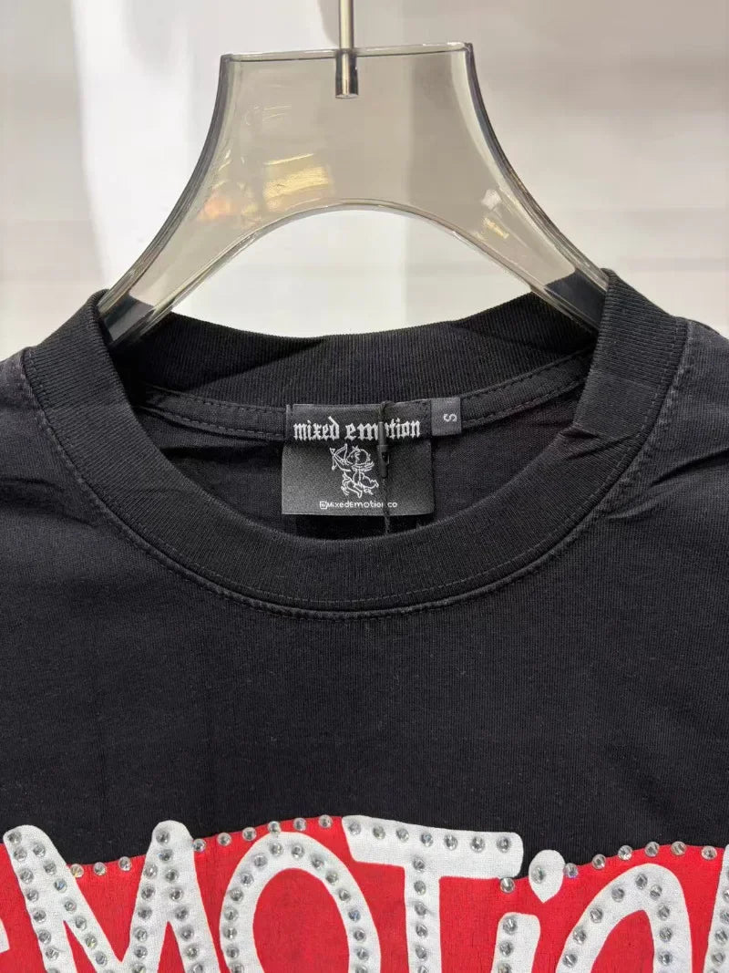 New MIXED-EMOTION Rhinestone cartoon printed pattern 100% cotton Men Women T-shirt Loose casual Shinning Diamond Tees Oversized Top