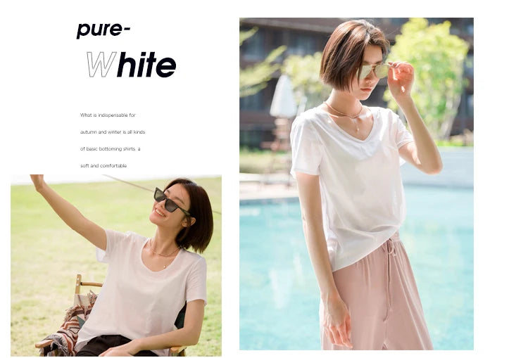 Women's V-Neck T-Shirt – Silk-Linen-Cotton Solid Summer Tee