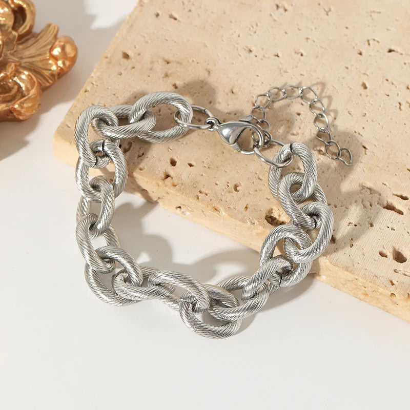 EILIECK 316L Stainless Steel Silver Color Thick Link Chain Necklace Bracelet Set For Women Men New Trendy Metal Jewelry Bijoux