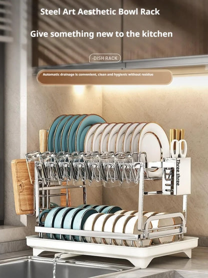 Dish Drying Rack - 2 Tier Stainless Steel Over Sink Shelf with Utensil Holder