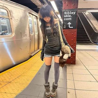 Seeslim Gothic Graphic T Shirts Women Long Sleeve Korean Fashion 2000s Clothes Y2k Slim Spring Autumn Tops Tees Female Clothing