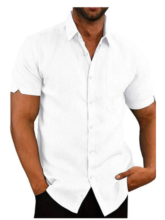 Men's Short Sleeve Button Down Linen Blend Shirt with Chest Pocket Casual Summer Top