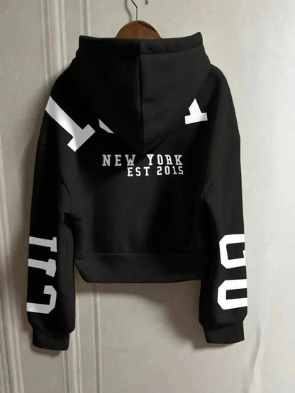 Women Y2K Crop Zip Up Hoodie Letter Print Oversized Long Sleeve Hooded Sweatshirt Casual Streetwear Short Jacket Outerwear