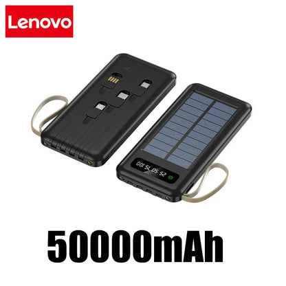Lenovo Solar Power Bank 50000mAh Large Capacity Mobile Power Fast Charging Battery Dual USB 4 Cables For iPhone Samsung