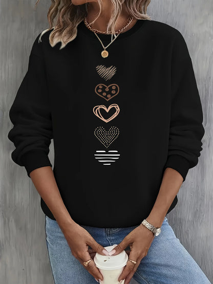 Women's Casual Heart Print Pullover Sweatshirt Geometric Design Long Sleeve Round Neck Machine Washable Regular Fit for Autum
