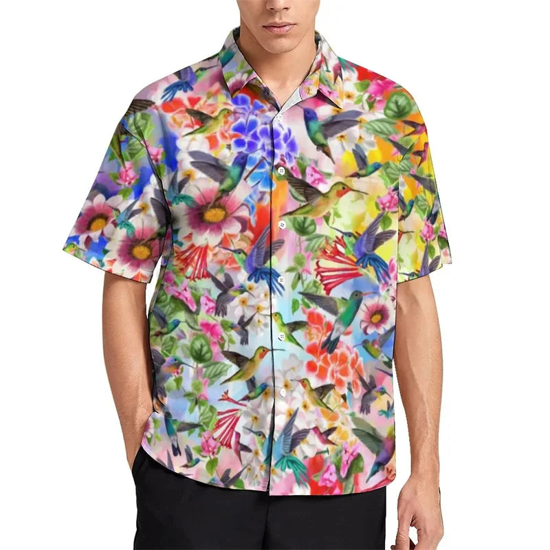 Birds Flamingo Parrot Hawaiian Shirts For Men 3D Printed Vacation Beach Shirt Trendy Short Sleeve Lapel Blouse Streetwear