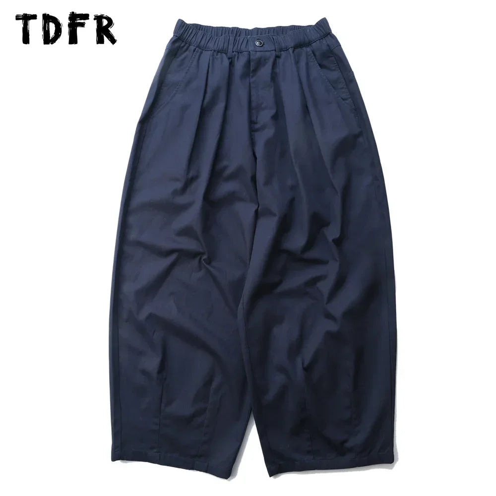 Solid Color Wide Leg Cargo Pants Mens Baggy Pleated Streetwear Elastic Waist Casual Loose Trousers Men