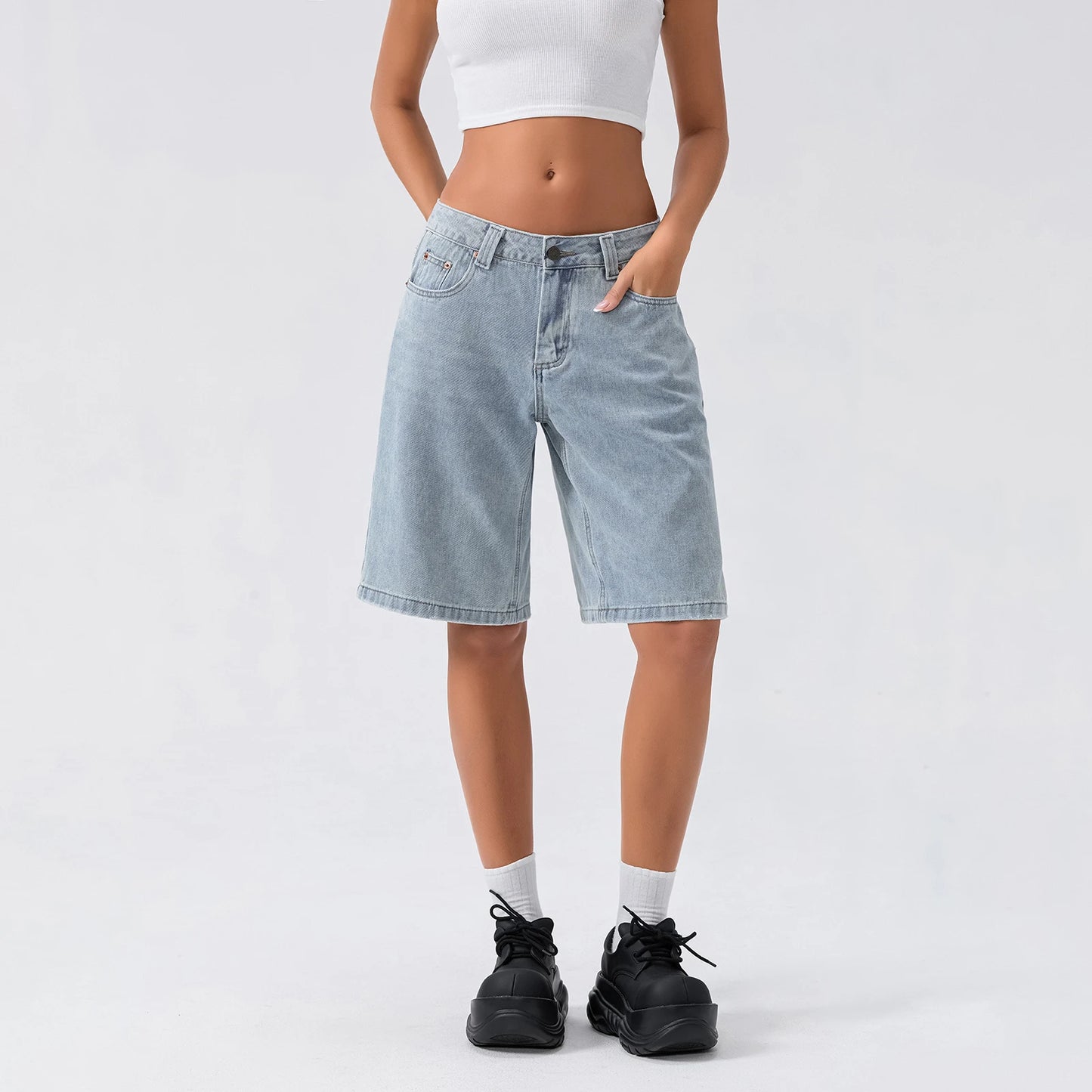 New Fashion Womens Knee Length Denim Shorts Loose Solid Color Low Rise Wide Leg Long Shorts With Pockets For Summer S-2XL