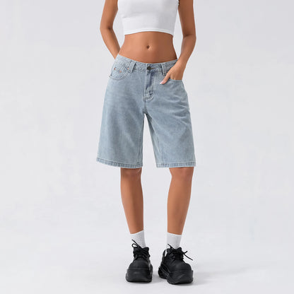 New Fashion Womens Knee Length Denim Shorts Loose Solid Color Low Rise Wide Leg Long Shorts With Pockets For Summer S-2XL