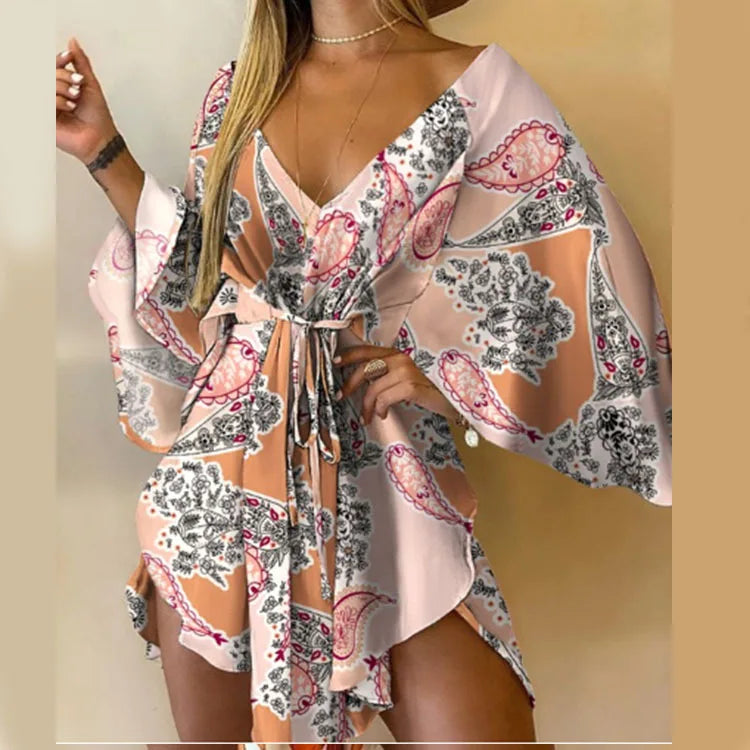 Women Print Dress - V-Neck Mini Sundress With Batwing Sleeve & Ruffle Detail