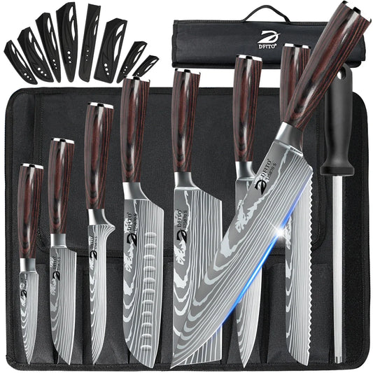 Damascus Steel Kitchen Knife Set - 8-Piece Chef Utility Paring Boning Cleaver Santoku with Nylon Bag