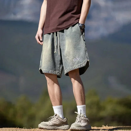 Baggy Denim Shorts - Men's Summer Casual Streetwear With Embroidery & Elastic Waist