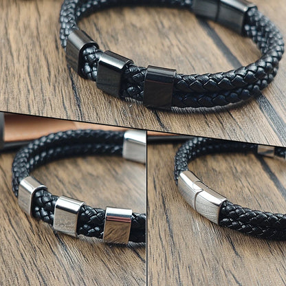 Customized Family Name Double Layer Stainless Steel Leather Bracelet Lock Bangle with Square Charm Men's Punk Jewelry Gifts