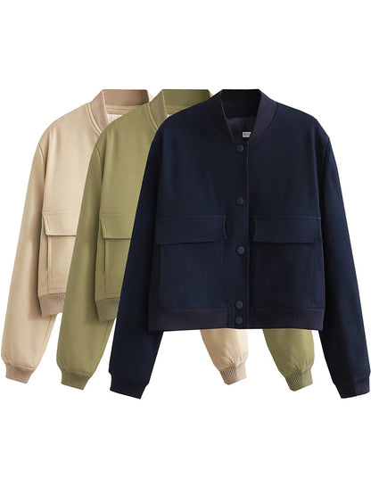 Women Bomber Jacket - Solid V Neck Single Breasted Polyester Coat With Pockets