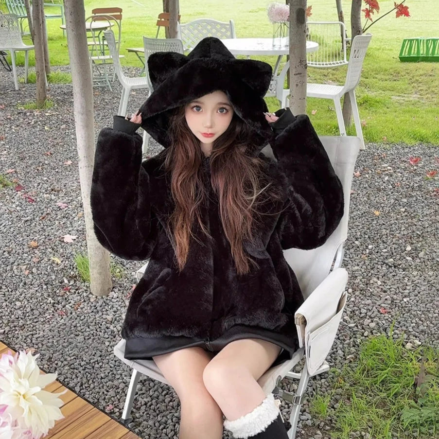 Vintage Punk Style Hoodie Long Sleeve Faux Fur Women Casual Zipper Hooded Gothic Y2K Subculture Harajuku Sweatshirts Autumn