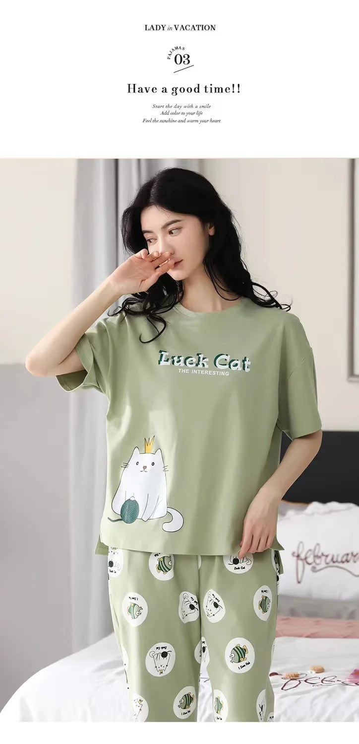 Women Pajamas Sets Plus Size Summer Silk Sleepwear Ladies Thin Short-Sleeved Seven Pants O-Neck Casual Cat Home Wear Night Wear