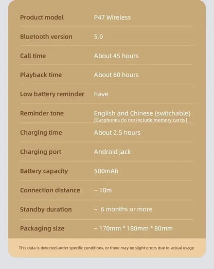 P47 Wireless Bluetooth Headphone With Microphone Foldable Headsets Bass HiFi Sound Music Stereo Earphone For Smartphones TV Game