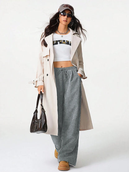 Women's Retro Corduroy Cargo Pants Casual Drawstring Straight Sports Pants Drape Daily Commuting Wide Leg Pants