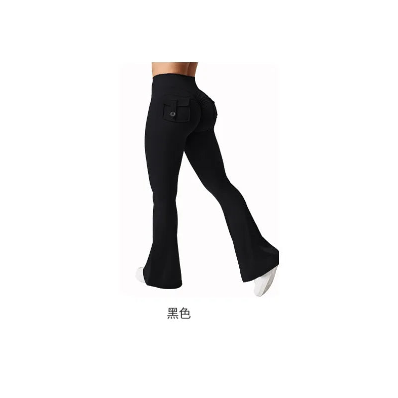 The Latest Women's Wide-leg High-elasticity Yoga Leggings Tooling Pockets Yoga Pants Hip-lifting Sports Fitness Pants Micro