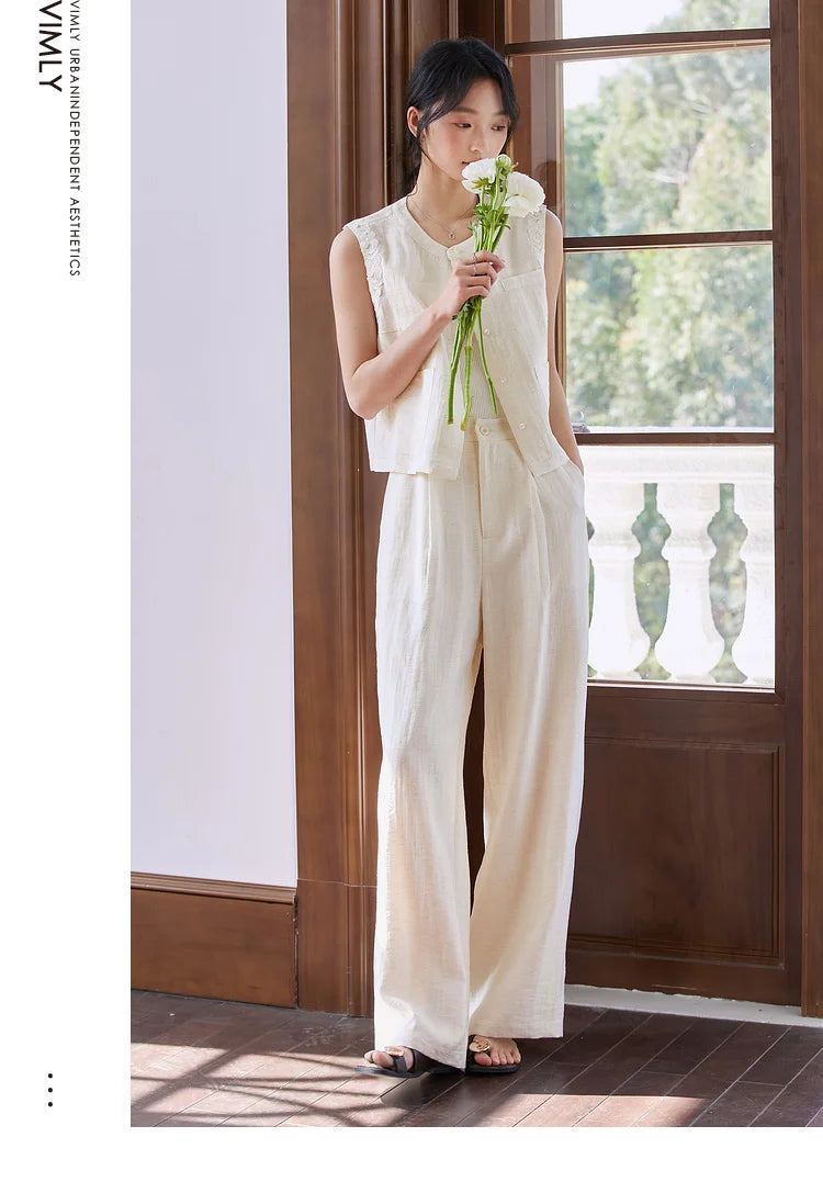 VIMLY Linen Blend Pant Set Two Piece Old Money Style Woman Summer Outfits 2026 Sleeveless Vest Wide Legs Pants Lady Suit A0820