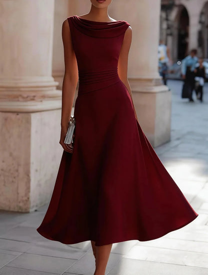 Women's Sleeveless Cowl Neck A Line Chiffon Midi Dress for Cocktail Party and Wedding Guest