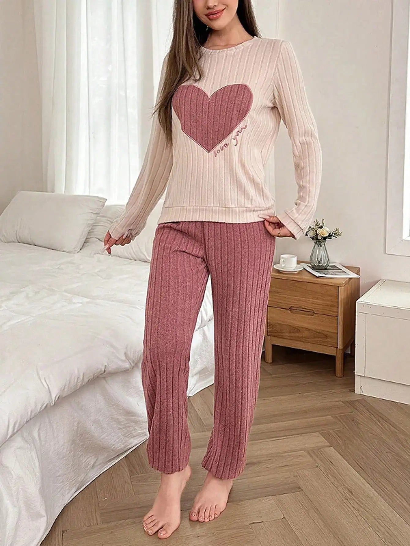 Cozy 100% Polyester Striped Pajama Set for Women, Long Sleeve Love Heart Top & Trousers, Casual Nightwear