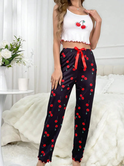 Y2K Coquette Cherry Print Pajama Set Womens Cami Crop Top Pants Two Piece Sleepwear Loungewear Summer Spring Autumn Outfits