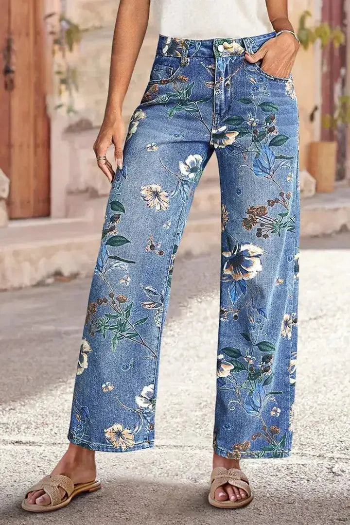 New for 2026: Women's Blue High-waisted Stretch Jeans, Vintage-style Loose-fit Wide-leg Denim Pants with A Floral Print.