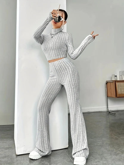 2025 Beige Western Style Knitted Fashion Suit Women New Korean Split Black Sweaters Wide Leg Pants Lady Casual Two-piece Sets