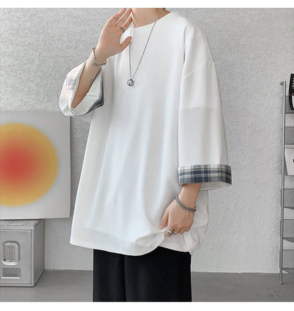 men t shirts Summer Men's T-shirts Women Oversized 2XL Korean Style Loose Plaid T-shirt Casual Seven sleeves T-Shirt Male White