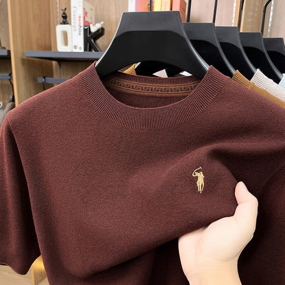 High-end Men's Crew Neck Knitted Sweater Casual Embroidered Trendy Base Shirt Short-sleeve T-shirt Solid Color Top for Summer