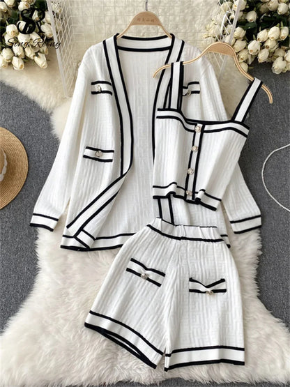 SINGREINY Autumn Knitwear 3PC Sets Long Sleeves Cardigan+Single Breasted Spaghetti Strap+High Waist Elastic Shorts Casual Suits