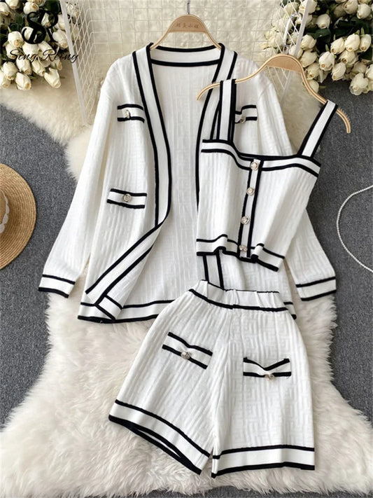 SINGREINY Autumn Knitwear 3PC Sets Long Sleeves Cardigan+Single Breasted Spaghetti Strap+High Waist Elastic Shorts Casual Suits